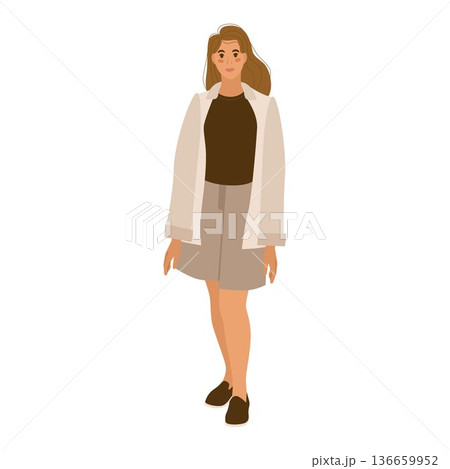 Young girl stands in modern summer clothes. She's wearing a T-shirt, shorts, a shirt, and loafers. Vector isolated illustration on a white background. Young girl stands in modern summer clothes. She's wearing a T-shirt, shorts, a shirt, and loafers. Vector isolated illustration on a white background. 136659952