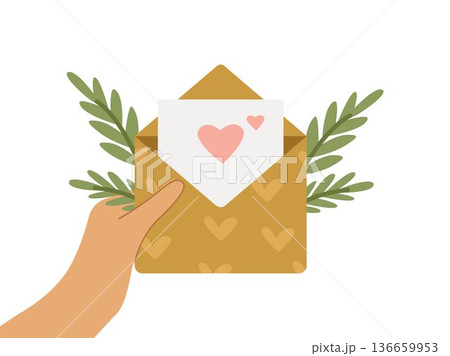 The girl's hands are holding an envelope with a Valentine. Vector illustration for Valentine's day. 136659953