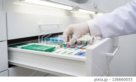 Pharmacist organizes medications in a drawer at a pharmacy during the day 136660055