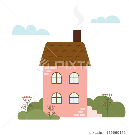 Pink spring rustic house. Cute rustic landscape with green bushes and flowers. Cozy vector illustration. 136660121