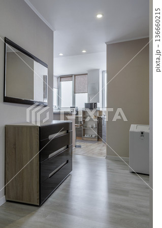 Modern Apartment Corridor with Dark Dresser Leading to Bright Kitchen 136660215