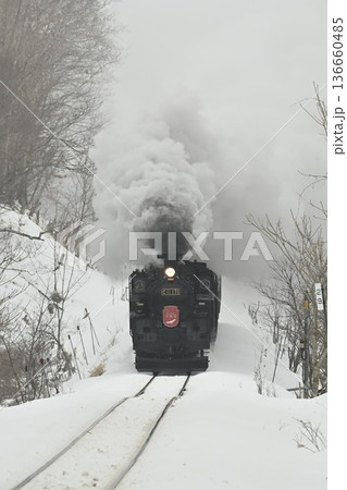 釧路湿原 塘路ー萱沼　オソツベツ原野を行く蒸気機関車　 136660485