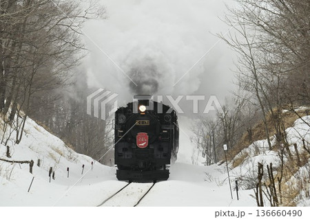 釧路湿原 塘路ー萱沼　オソツベツ原野を行く蒸気機関車　 136660490