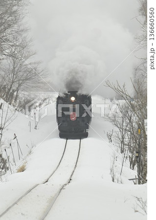 釧路湿原 塘路ー萱沼　オソツベツ原野を行く蒸気機関車　 136660560