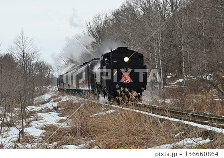 釧網本線　釧路湿原駅ー遠矢駅　岩保木踏切を行く蒸気機関車　 136660864