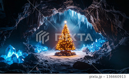 氷の洞窟で輝くクリスマスツリー・幻想的な冬のファンタジー風景背景素材 136660913