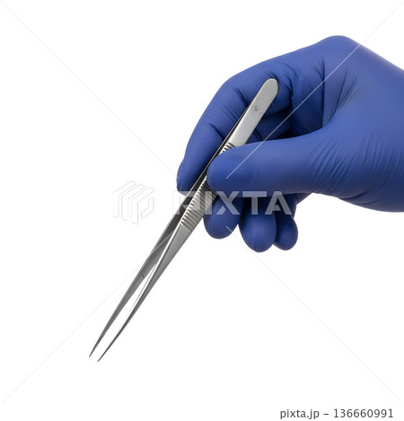 Hand wearing a blue protective glove holding sterile medical tweezers or forceps, isolated on transparent background. Perfect for healthcare, surgery, and lab concepts Hand wearing a blue protective glove holding sterile medical tweezers or forceps, isolated on transparent background. Perfect for healthcare, surgery, and lab concepts 136660991