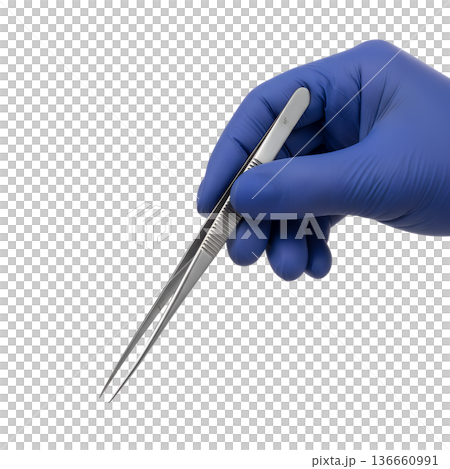 Hand wearing a blue protective glove holding sterile medical tweezers or forceps, isolated on transparent background. Perfect for healthcare, surgery, and lab concepts 136660991