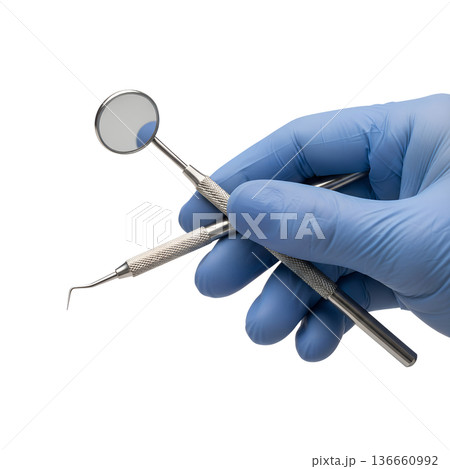 Professional dentist's hand wearing blue protective glove, presenting dental tools like mirror and probe, perfect for dentistry concepts Professional dentist's hand wearing blue protective glove, presenting dental tools like mirror and probe, perfect for dentistry concepts 136660992