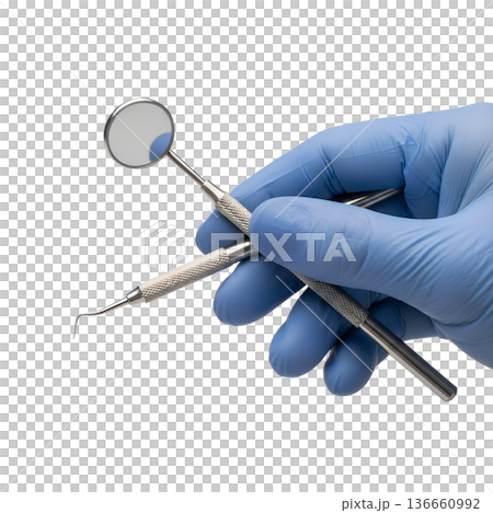 Professional dentist's hand wearing blue protective glove, presenting dental tools like mirror and probe, perfect for dentistry concepts Professional dentist's hand wearing blue protective glove, presenting dental tools like mirror and probe, perfect for dentistry concepts 136660992