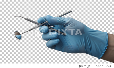 Dentist's gloved hand in blue latex holding various stainless steel dental instruments, isolated for medical education and dental clinic themes 136660993