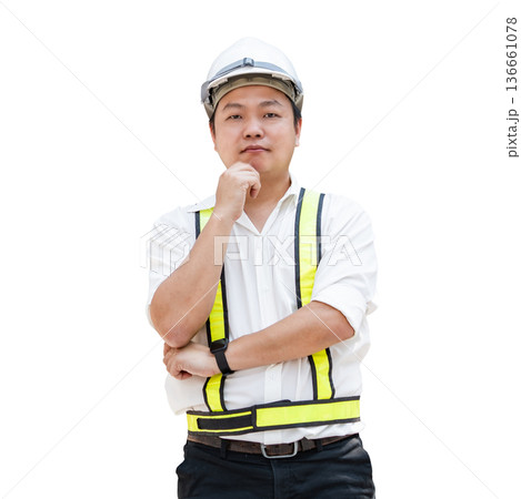 Confident Asian construction engineer wearing white safety helmet, reflective vest, arms crossed one hand on his chin, Isolated on transparent background Confident Asian construction engineer wearing white safety helmet, reflective vest, arms crossed one hand on his chin, Isolated on transparent background 136661078