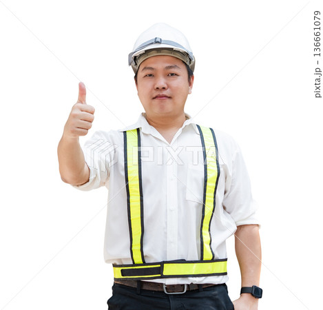Bright smile a thumbs up, Asian construction professional acknowledges success at contemporary building site. Isolated on transparent background Bright smile a thumbs up, Asian construction professional acknowledges success at contemporary building site. Isolated on transparent background 136661079