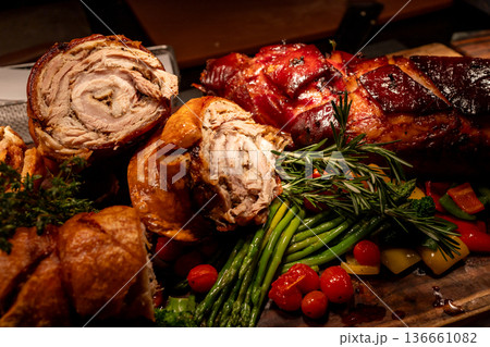 Top view of Beef wellington with tenderloin dish, focus selective Top view of Beef wellington with tenderloin dish, focus selective 136661082