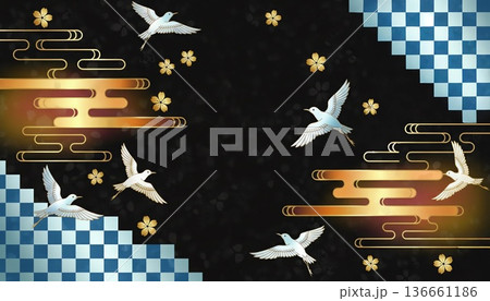 和紙地浮世絵風和風伝統紋イメージ千鳥模様テクスチャ 背景素材 136661186