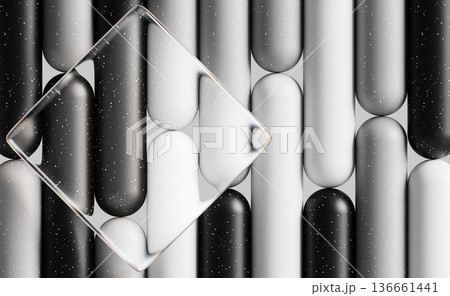 Black white gray 3D background with liquid glass rhombus frame. Abstract vertical striped pattern with transparent square shape, dot texture and rounded design. Futuristic tech banner. 3D illustration 136661441