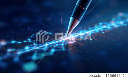 Close-up of a pen drawing digital connection lines on a dark surface. Concept for technology, data, and innovation. 136661442