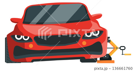Car lifting in service. Tire change cartoon icon Car lifting in service. Tire change cartoon icon 136661760