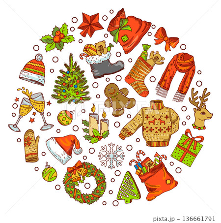 Xmas round pattern. New year badge in hand drawn doodle style Xmas round pattern. New year badge in hand drawn doodle style 136661791