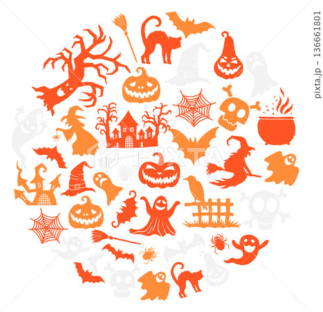 Halloween pattern in round shape. Scary holiday symbols Halloween pattern in round shape. Scary holiday symbols 136661801