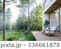 Luxury outdoor wooden deck with chairs and a stunning view 3d render 136661878