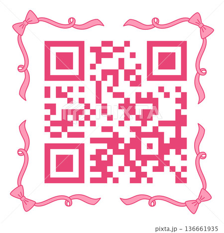 QR code in vintage pink ribbons frame with bows and curls knot in corners, vector sticker scan square tag coquette style QR code in vintage pink ribbons frame with bows and curls knot in corners, vector sticker scan square tag coquette style 136661935