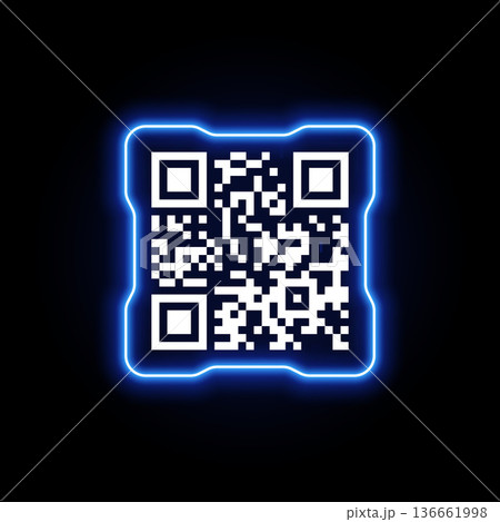 A QR code in a square neon blue glowing frame on a black background. 136661998