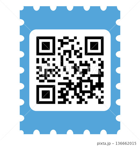 Black and white QR code in a blue postage stamp frame. 136662015