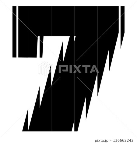 Black number seven with ribbed glass effect, vector fluted odd numeric symbol 7 with striped reflections ripple blur 136662242