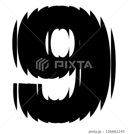 Black number nine with ribbed glass effect, vector fluted odd numeric symbol 9 with striped reflections ripple blur 136662243