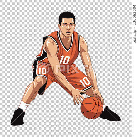 Low Crouched Basketball Dribble by Player in Dynamic Vector Illustration Showing Intense Game Action and Athletic Movement 136662604