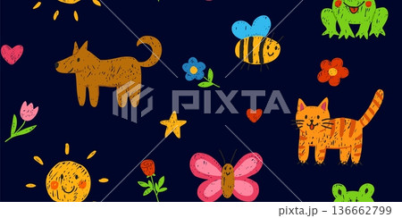 Seamless children's wallpaper in chalk with a cat, dog, sun, frog, and flowers. 136662799