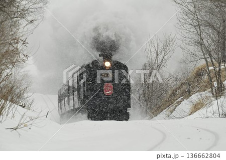 釧網本線　塘路ー萱沼　雪降り　驀進する蒸気機関車　 136662804
