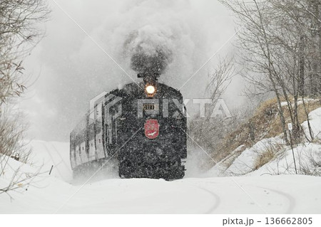 釧網本線　塘路ー萱沼　雪降り　驀進する蒸気機関車　 136662805
