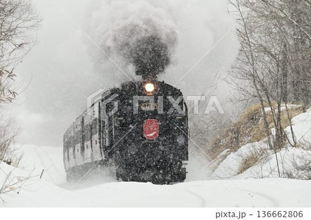 釧網本線 塘路ー萱沼 雪降り 驀進する蒸気機関車 釧網本線 塘路ー萱沼 雪降り 驀進する蒸気機関車 136662806