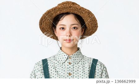 麦わら帽子とオーバーオールを着用したそばかすのある若い日本人女性農家 136662999
