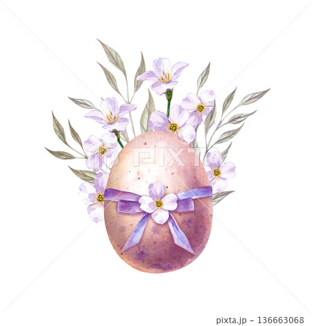 Festive composition with a painted egg, ribbon and white flowers with green leaves. Watercolor illustration on an isolated background. Realistic clipart for Easter holiday. Festive composition with a painted egg, ribbon and white flowers with green leaves. Watercolor illustration on an isolated background. Realistic clipart for Easter holiday. 136663068