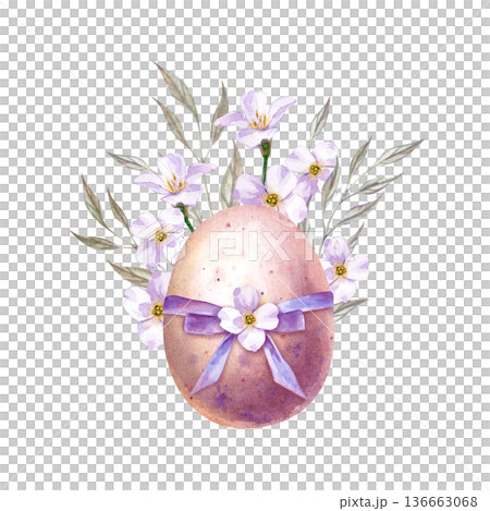 Festive composition with a painted egg, ribbon and white flowers with green leaves. Watercolor illustration on an isolated background. Realistic clipart for Easter holiday. Festive composition with a painted egg, ribbon and white flowers with green leaves. Watercolor illustration on an isolated background. Realistic clipart for Easter holiday. 136663068