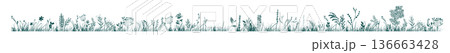 Silhouette of grass horizon. Border, meadow springtime, Hand drawn. Not AI, vector illustration 136663428