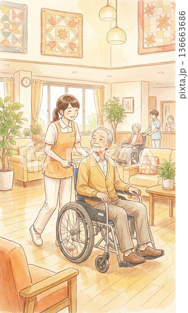 縦型素材　車椅子に乗る高齢者のお世話をする介護士の女性　生成AI素材 136663686