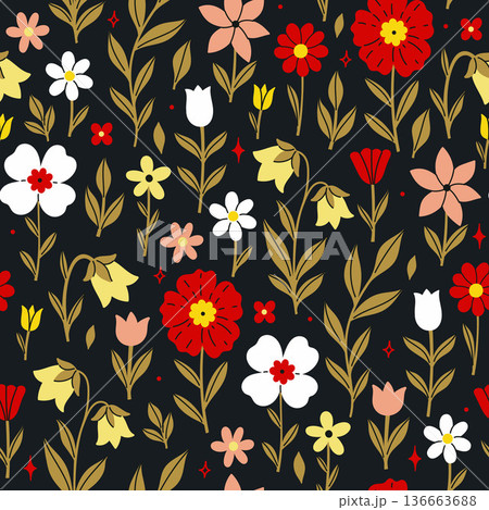 Seamless pattern with flowers on a dark background. Vector graphics. Seamless pattern with flowers on a dark background. Vector graphics. 136663688