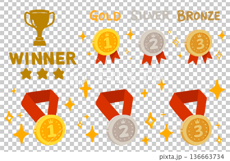 Gold, silver and bronze medals and winner cup award icon set. Hand-drawn vector material for rankings and awards. Gold, silver and bronze medals and winner cup award icon set. Hand-drawn vector material for rankings and awards. 136663734