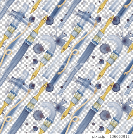 Diagonal seamless drawing with brushes, a piece of twine, strokes and drops of paint. Watercolor illustration with the working tools of a repairman . A dynamic background with a repeating pattern on Diagonal seamless drawing with brushes, a piece of twine, strokes and drops of paint. Watercolor illustration with the working tools of a repairman . A dynamic background with a repeating pattern on 136663912