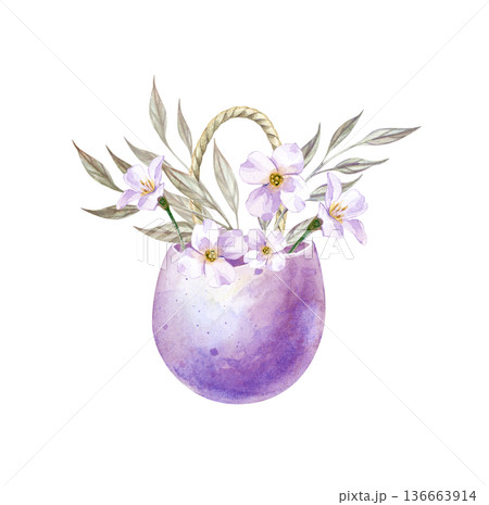 Easter decoration for the house. Watercolor illustration of an eggshell bouquet of flowers. Realistic image of a festive pendant on branches. A clipart for the design of postcards, invitations, and Easter decoration for the house. Watercolor illustration of an eggshell bouquet of flowers. Realistic image of a festive pendant on branches. A clipart for the design of postcards, invitations, and 136663914