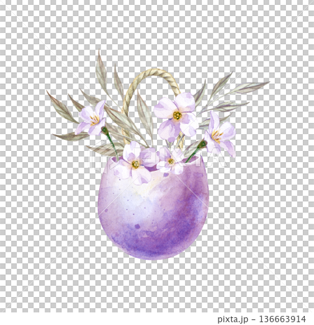 Easter decoration for the house. Watercolor illustration of an eggshell bouquet of flowers. Realistic image of a festive pendant on branches. A clipart for the design of postcards, invitations, and Easter decoration for the house. Watercolor illustration of an eggshell bouquet of flowers. Realistic image of a festive pendant on branches. A clipart for the design of postcards, invitations, and 136663914