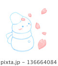 雪だるまと桜の花びらの水彩風イラスト 136664084