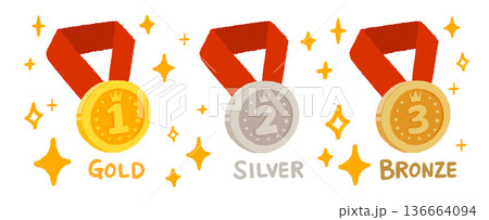 金銀銅メダルのアイコンセット。リボン付きのコインメダル。手書きのフラットなベクターイラスト。 136664094