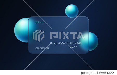 Modern glass morphism bank card with blue spheres on dark gradient background Modern glass morphism bank card with blue spheres on dark gradient background 136664822