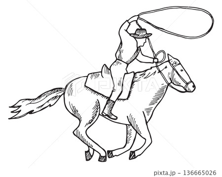 Cowboy riding horse with lasso in hand drawn style 136665026