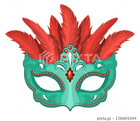 Mardi gra mask. Green face disguise with red feathers 136665044